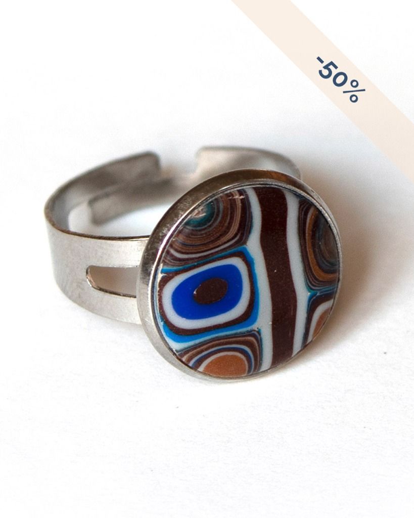 Bague ronde réglable en acier inoxydable bleu marron - Collection Géométrie - Promotion -50%