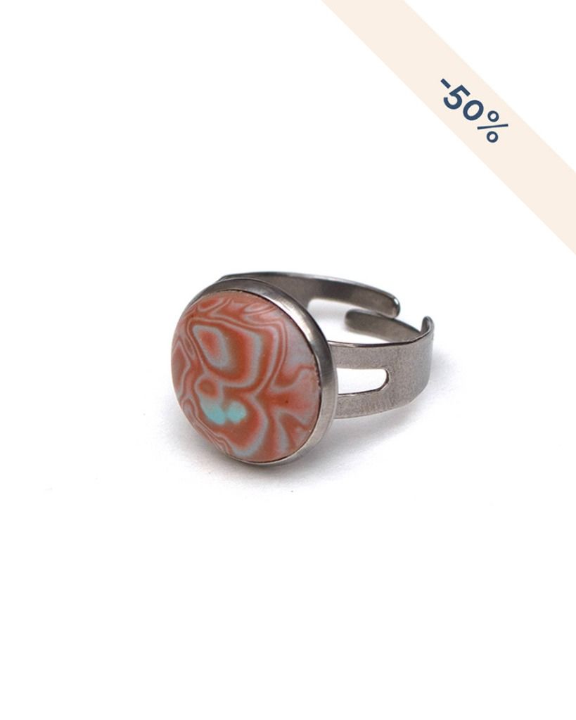 Bague ronde réglable en acier inoxydable Mokume Gane marron bleu - Collection Imitation - Promotion -50%