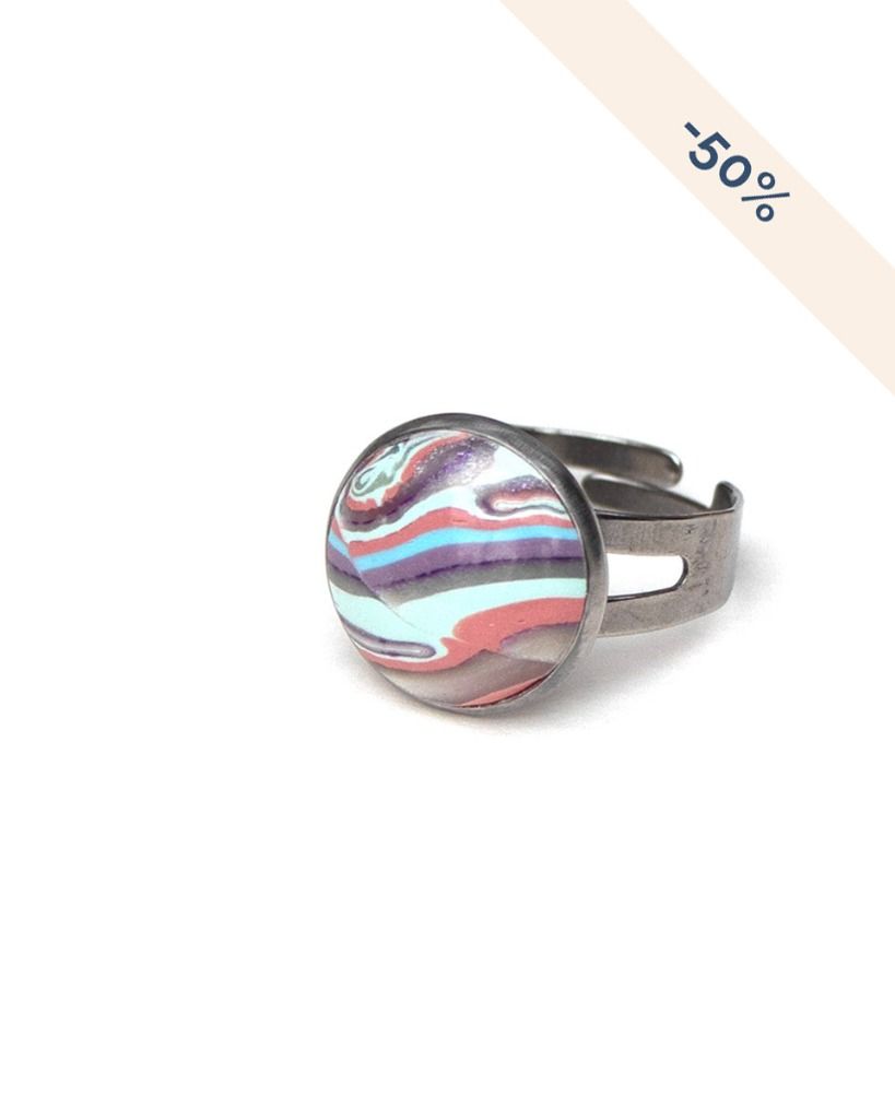 Bague ronde réglable en acier inoxydable Mokume Gane violet rose bleu - Collection Imitation - Promotion -50%