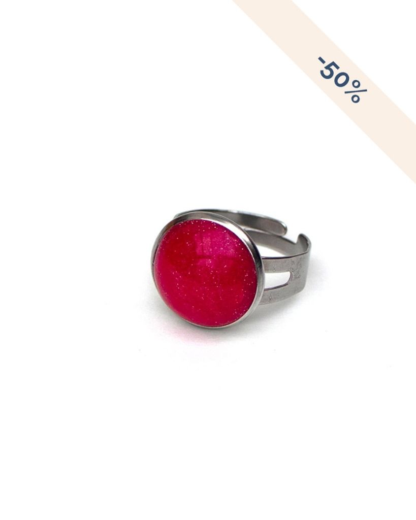 Bague ronde réglable en acier inoxydable rose paillettes - Collection Couleurs Unies - Promotion -50%