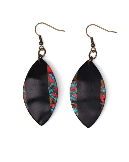 boucles oreilles navette imitation noir bleu or recto